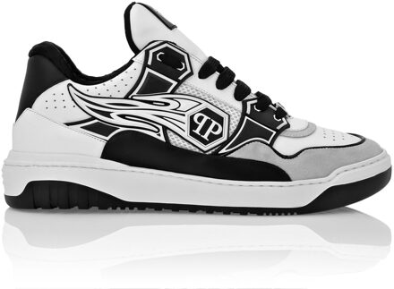 Philipp Plein Mix Lederen Lo-Top Sneakers Strass Hexagoon Wit/Zwart
