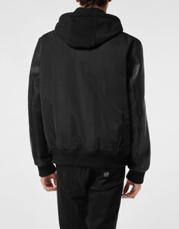 Philipp Plein Nylon & Leather Varsity Bomber Hooded Jacket Zwart