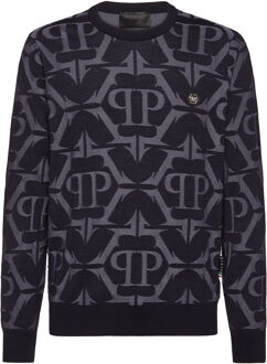Philipp Plein Pullover Ronde Hals Chrome Donkerblauw - 4XL
