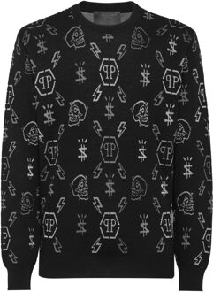 Philipp Plein Pullover Ronde Hals Monogram - maat 3XL Zwart/Donkergrijs