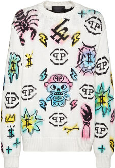 Philipp Plein Pullover Ronde Hals Monogram Wit - XL