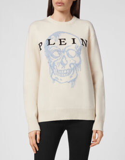 Philipp Plein Pullover Ronde Hals Skull - maat M Crème