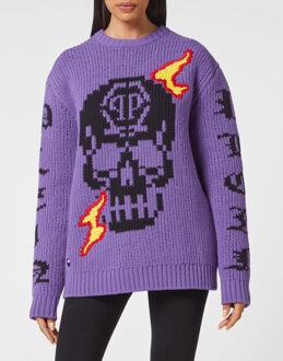 Philipp Plein Pullover Ronde Hals Skull - maat M Paars