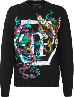 Philipp Plein Pullover Ronde Hals Tattoo Zwart