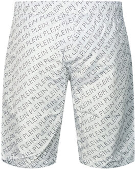 Philipp Plein Repetitive Logo Long White Swim Shorts Wit