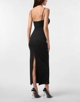 Philipp Plein Rib Straight Across Midi Dress Zwart