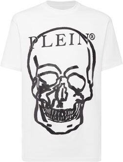 Philipp Plein T-Shirt Ronde Hals Skull And Plein - maat 2XL Wit/Zwart