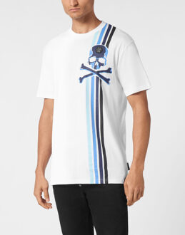 Philipp Plein T-Shirt Round Neck Ss Stripes Skull&Bones Wit/Blauw