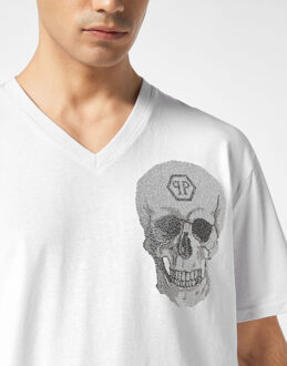 Philipp Plein V Neck Heavy Cotton T-Shirt Crystal Skull Wit - L