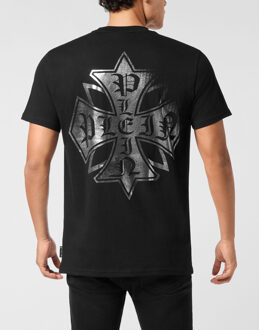 Philipp Plein Washed Round Neck T-Shirt Destroyed Crest - maat XL Zwart