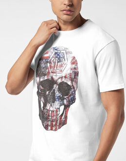 Philipp Plein Washed Round Neck T-Shirt Skull America - maat M Wit