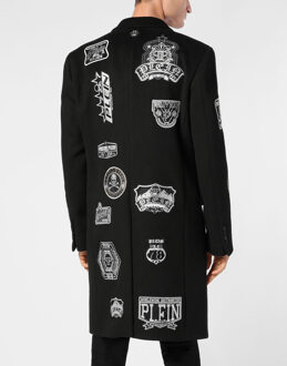 Philipp Plein Wool Long Coat With Patches Zwart