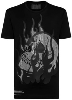 Philipp Plein Zwart T-shirt met brandende schedel en str decoratie Philipp Plein , Black , Heren - 2Xl,Xl,L,M,S