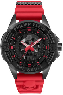Philipp Plein Zwarte Rode Siliconen Band Skull Horloge Philipp Plein , Black , Heren - ONE Size