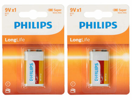 Philips 9V Long life batterij - 2x - alkaline - 9 Volt blokbatterijen - batterij 9v blok