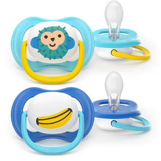 Philips Avent Ultra Air - Fopspeen - Aap/Banaan – 6-18 maanden – 2 stuks Geel / Blauw / Donkerblauw