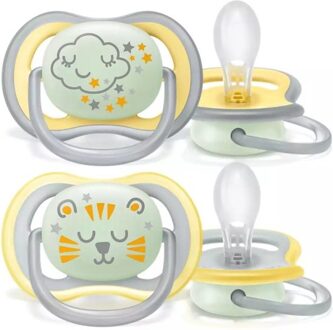 Philips Avent Ultra Air - Night Fopspeen – 18+ maanden - Wolk/Tijger – 2 stuks Geel / Grijs