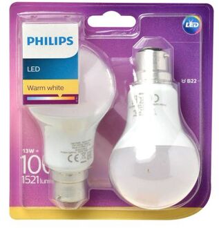 Philips Led Lamp A60 B22 13w 3000k 1521lm 230v - 2-pack - Warm Wit
