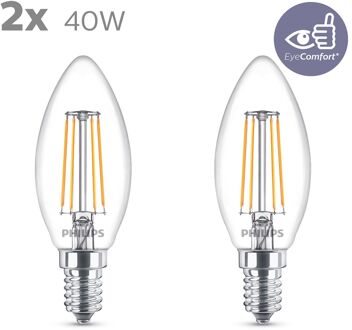 Philips LED Lamp Filament - Set 2 Stuks - Classic LEDCandle 827 B35 CL - E14 Fitting - 4.3W - Warm Wit 2700K