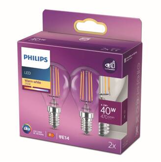 Philips LED Lamp Filament - Set 2 Stuks - Classic Lustre 827 P45 CL - E14 Fitting - 4.3W - Warm Wit 2700K Vervangt