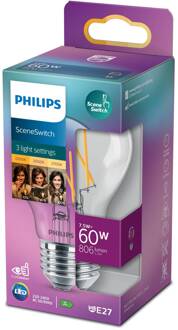 Philips LED Lamp - SceneSwitch Filament 827 A60 - E27 Fitting - Dimbaar - 1.6W-7.5W - Warm Wit 2200K-2700K Vervangt