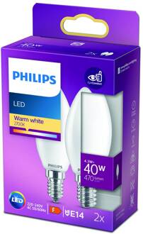 Philips Led Lamp - Set 2 Stuks - Classic Ledcandle 827 B35 Fr - E14 Fitting - 4.3w - Warm Wit 2700k Vervangt 40w