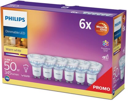 Philips LED WarmGlow spot dimbaar (6-pack) - GU10 36D 3,8W 334lm 2700…