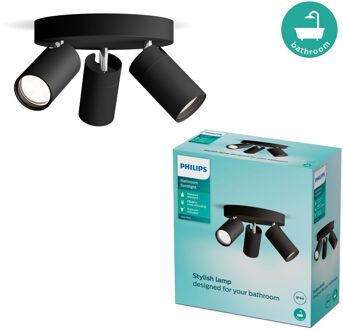 Philips Opbouwspot Badkamer Idris - Zwart - 22cm - 3xgu10