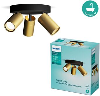Philips Opbouwspot Badkamer Idris - Zwart, Messing - 22cm - 3xgu10