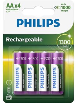 Philips Oplaadbare Batterijen AA - 4 Stuks - NiMH - 1300 mAh - tot 1000 Keer Oplaadbaar