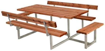 Picknicktafel vuren geimpregneerd - Basic - gegrond teak 4 banken 2 met rugleuning - 184 x 260 x 75 cm