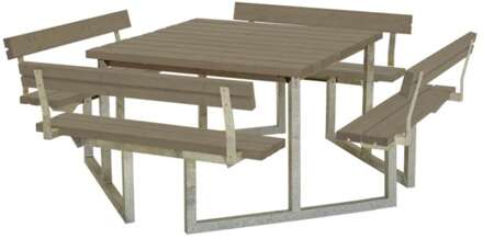 Picknicktafel vuren geimpregneerd | Twist vierkant 4 rugleuningen gegrond grijsbruin 227 x 227 x 76 cm