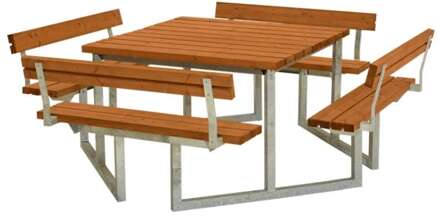 Picknicktafel vuren geimpregneerd | Twist vierkant 4 rugleuningen gegrond teak 227 x 227 x 76 cm