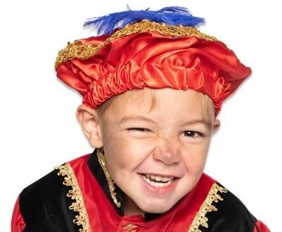 Pietbaret satijn rood met veer Rood - Zalm