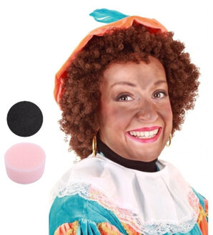 Pieten krullen pruik bruin - en zwarte schmink - met sponsje - gezicht - 16 ml - volwassenen