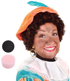 Pieten krullen pruik bruin/zwart - en zwarte schmink - met sponsje - gezicht - 16 ml - volwassenen