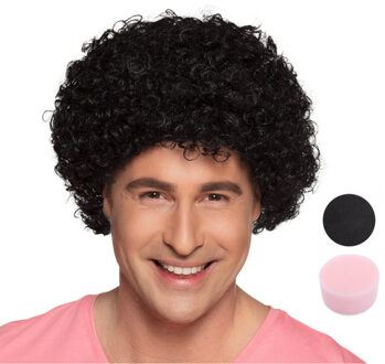 Pieten krullen pruik zwart - en zwarte schmink setje - met sponsje - gezicht - 16 ml - volwassenen
