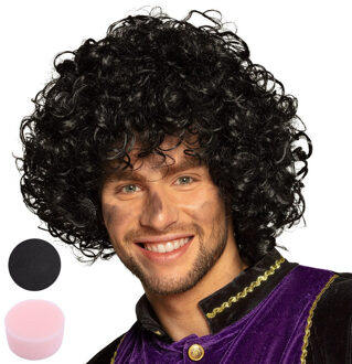 Pieten krullen pruik zwart - en zwarte schmink setje - met sponsje - gezicht - 16 ml - volwassenen