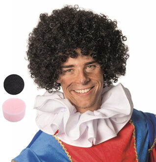 Pieten pruik zwart - en zwarte schmink setje - met sponsje - gezicht - 16 ml - volwassenen