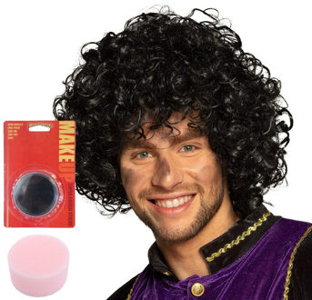 Pieten pruik zwarte krullen - met zwarte schmink setje - met spons - gezicht - 16 ml - volwassenen