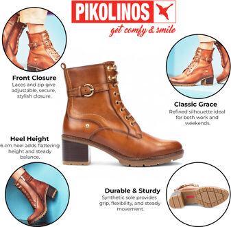 Pikolinos dames brandy bruine leren enkellaarsjes met middelhoge hak - Llanes Chocoladebruin