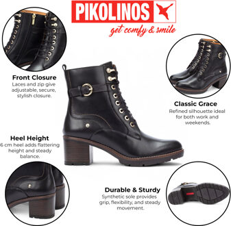 Pikolinos Dames Zwarte Leren Combat Enkellaarsjes met Middelhoge Hak - Llanes - EU 37