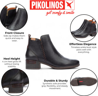 Pikolinos Dames Zwarte Leren Enkellaarsjes met Ritshak - Malaga - EU 36