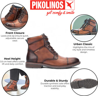 Pikolinos Heren Cuero Bruine Leren Enkellaarsjes met Rits en Vetersluiting - York Chocoladebruin - EU 45