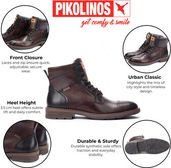 Pikolinos Heren Olmo Bruine Leren Enkellaarsjes met Rits en Vetersluiting - York - EU 45