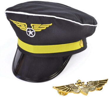 Piloten verkleed set - wings broche speldje - pilotenpet - blauw - heren/dames - carnaval