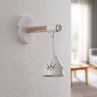 Pimana wandlamp met keramiekkap licht hout, wit