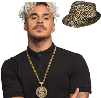 Pimp/pooier foute party verkleed set - 2 delig - heren - panter hoed - dollar teken ketting goud