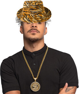 Pimp/pooier foute party verkleed set - 2 delig - heren - tijger hoed - dollar teken ketting goud