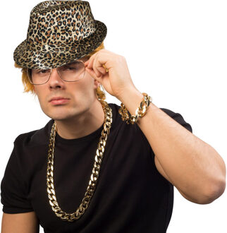 Pimp/pooier foute party verkleed set - 3 delig - heren - panter hoed - ketting/armband goud